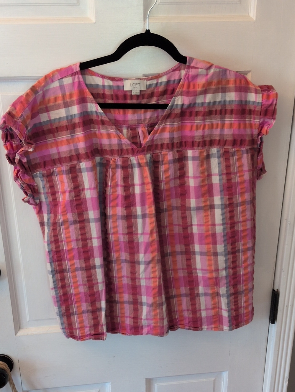 LOFT Pink Orange Plaid Short Sleeve Blouse